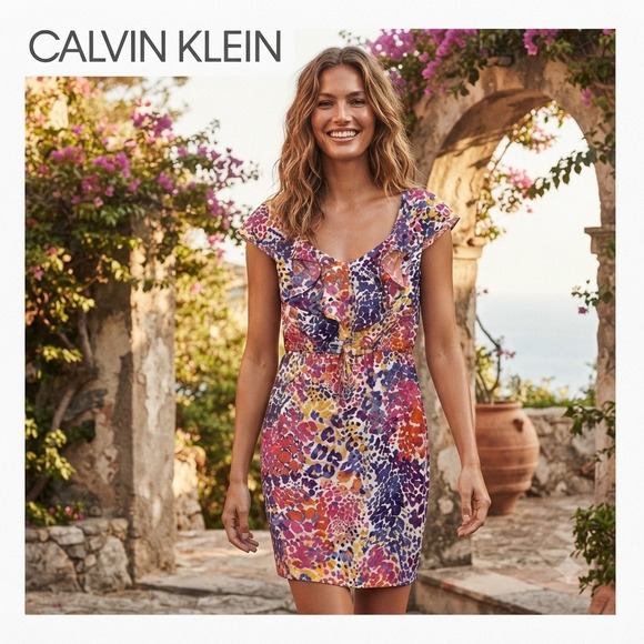 Calvin Klein Dresses & Skirts - Calvin Klein Womens 8 Multi Color Abstract Leopard Print Ruffle Sheath Dress